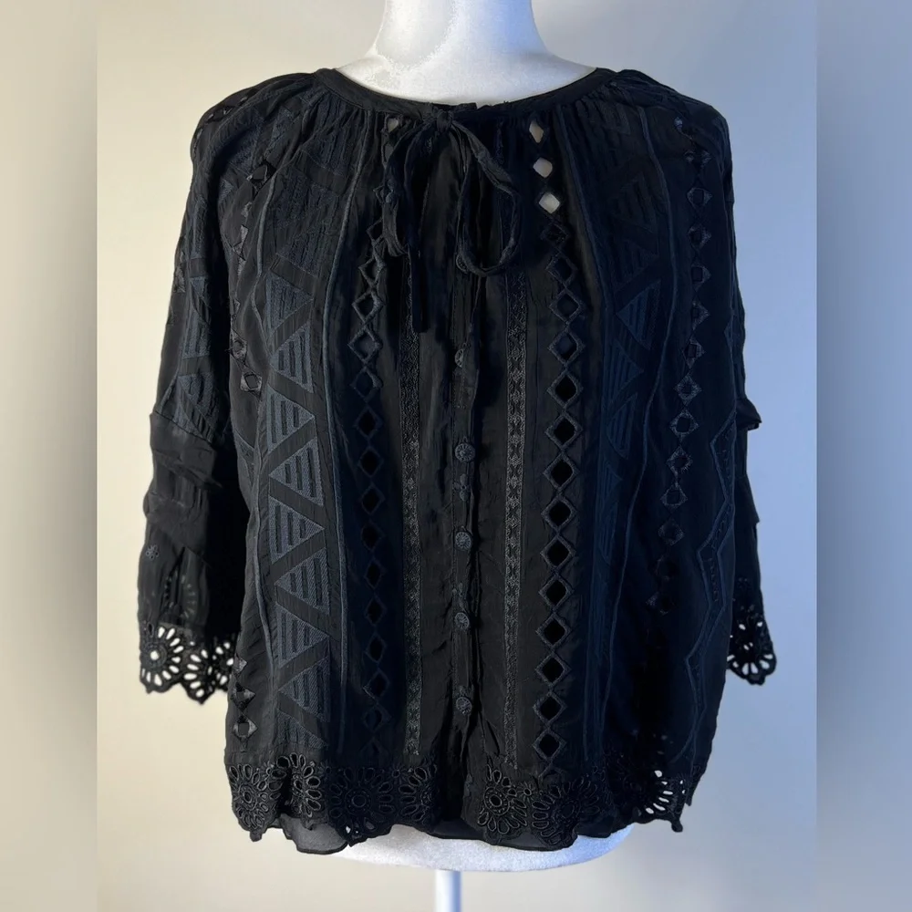 Johnny Was Black Ari Eyelet Blouse, XS with Black Lace Slip Cami, Size M, NWT - Picture 6 of 16